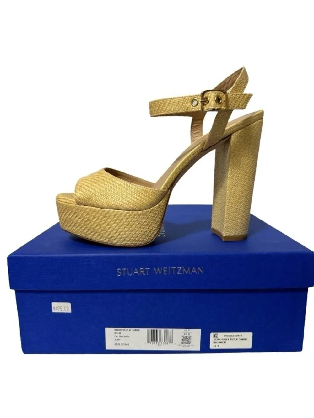 NWT Stuart Weitzman Ryder 95 Tan Platform Sandal Wheat Textured Rafia Size 10